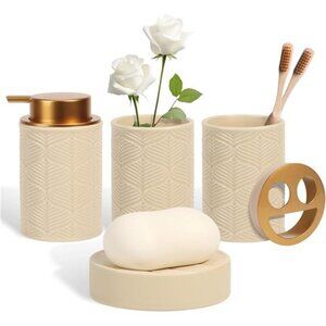 Bathroom Accessories Set 4 Piece Ceramic Soap Dispenser Toothbrush Holder Tray